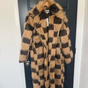 Steve Madden Faux Fur Trench Coat in Black and Tan